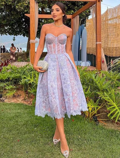Elegant Lavender Lace Strapless Sweetheart Cocktail Dress Prom Dress DP8140
