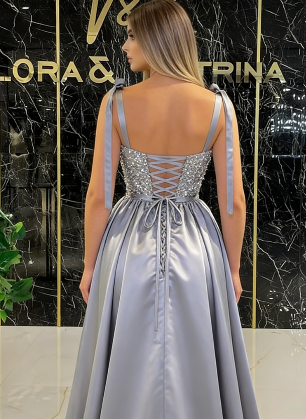 Luxury Silver Satin Sweetheart Beaded Straps Evening Gown DP8142