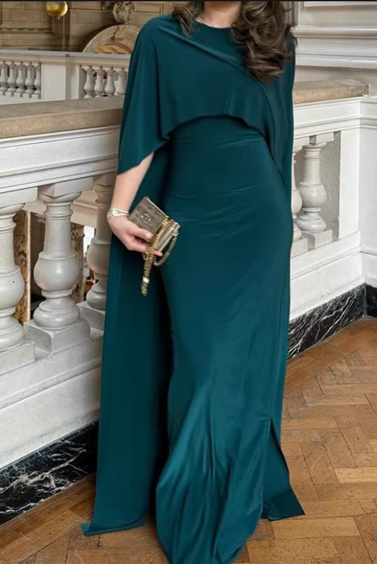 Elegant Emerald Green Cape Sleeve Draped Floor-Length Mother of the Bride Dress DP8147