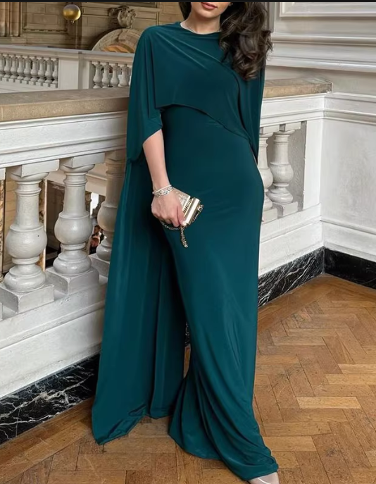 Elegant Emerald Green Cape Sleeve Draped Floor-Length Mother of the Bride Dress DP8147