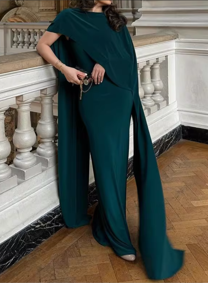 Elegant Emerald Green Cape Sleeve Draped Floor-Length Mother of the Bride Dress DP8147