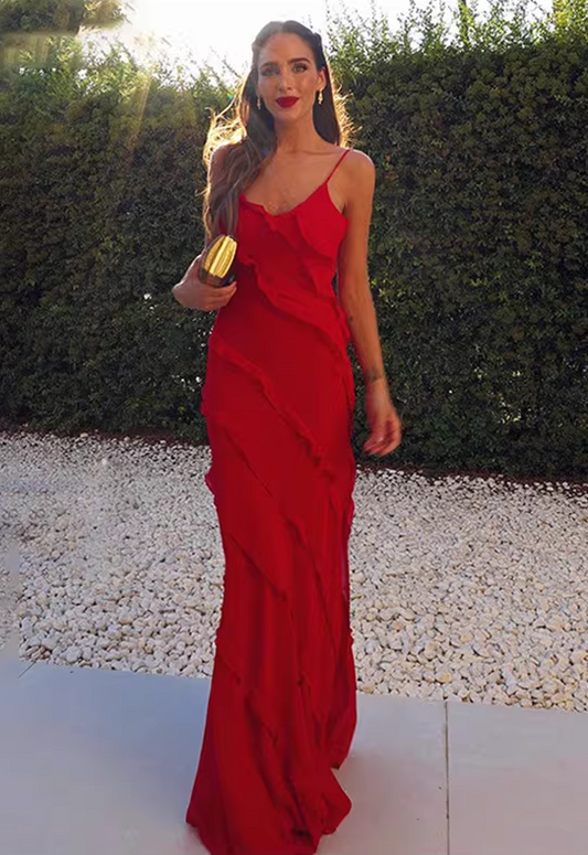 Elegant Ruffled Prom Gown Sheath Spaghetti Straps Evening Dress DP8151