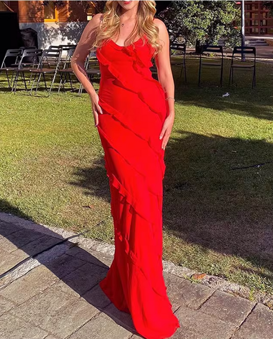 Elegant Ruffled Prom Gown Sheath Spaghetti Straps Evening Dress DP8151