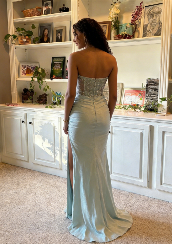 Elegant Mint Green Strapless Mermaid Prom Dress Beaded Formal Evening Gown with High Slit DP8199