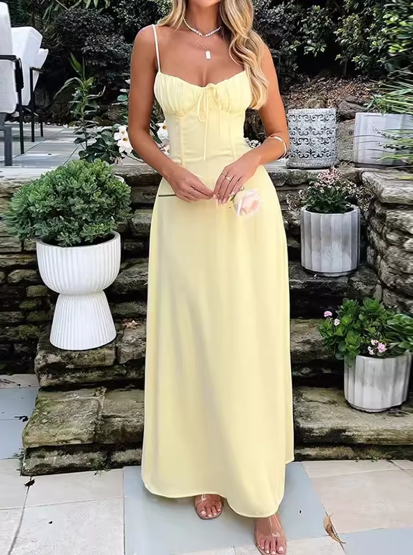 Cute Spaghetti Strap Maxi Dress Tie Front A-Line Prom Dress DP8207