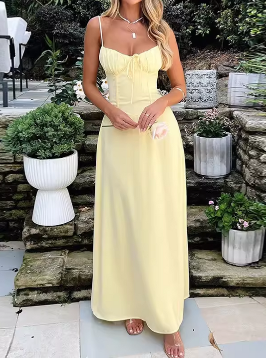 Cute Spaghetti Strap Maxi Dress Tie Front A-Line Prom Dress DP8207