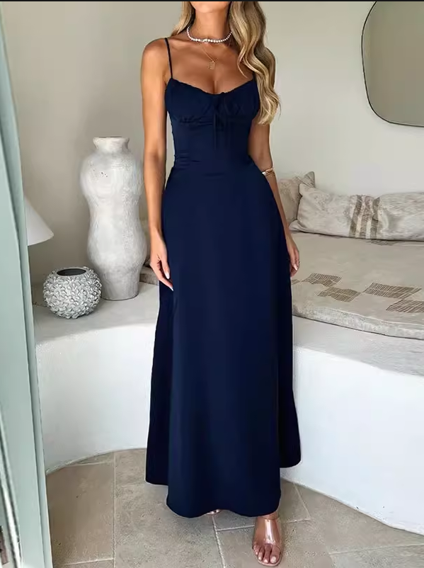 Cute Spaghetti Strap Maxi Dress Tie Front A-Line Prom Dress DP8207