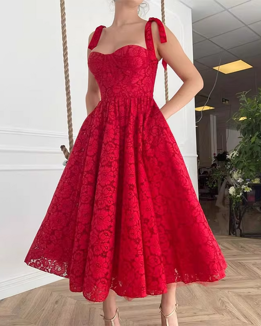 Glamorous Red Lace Tie Shoulder Sweetheart A-Line Midi Prom Dress Formal Evening Gown DP8209