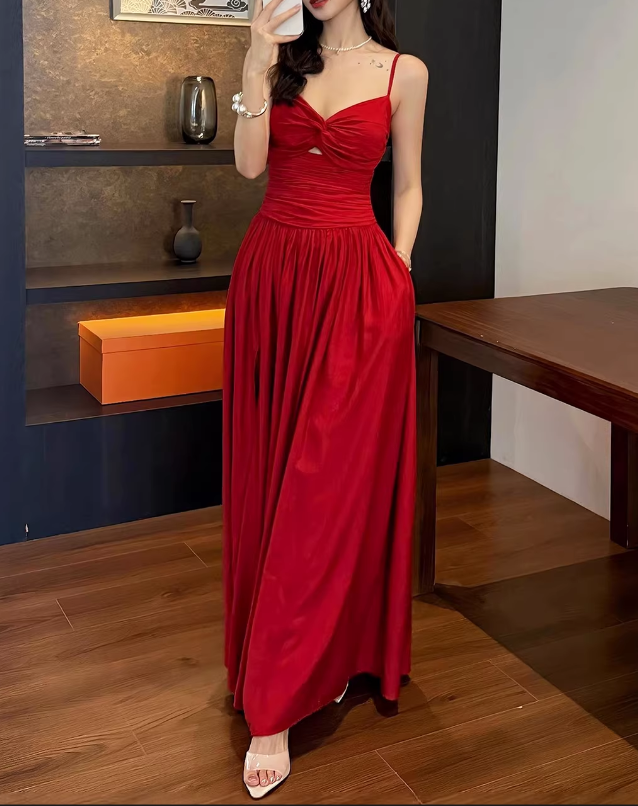 Vintage Spaghetti Strap Maxi Prom Dress Ruched High Slit Cocktail Party DP8238