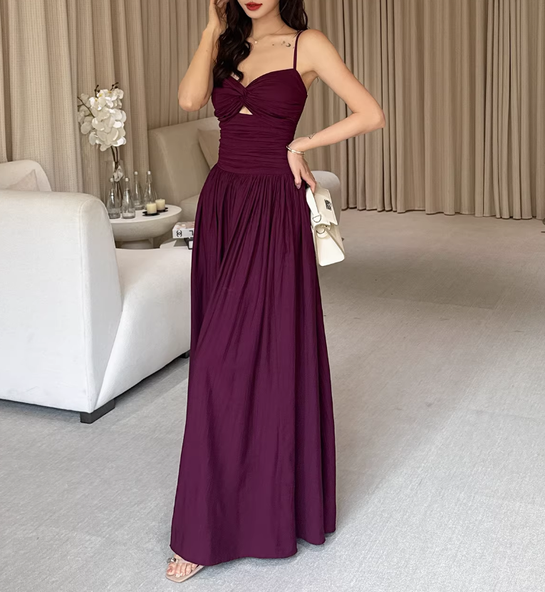 Vintage Spaghetti Strap Maxi Prom Dress Ruched High Slit Cocktail Party DP8238