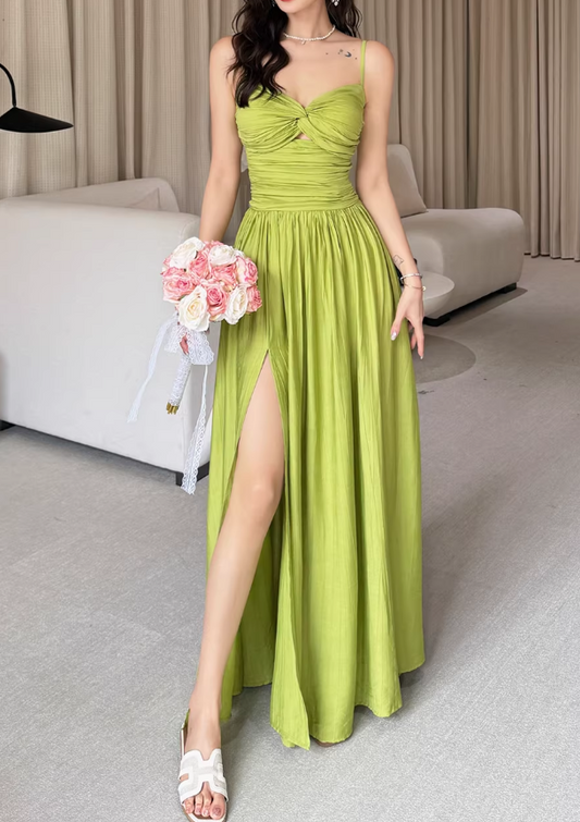 Vintage Spaghetti Strap Maxi Prom Dress Ruched High Slit Cocktail Party DP8238