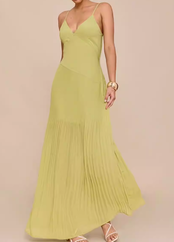 Elegant Sheer Mesh Spaghetti Strap Maxi Dress Sleeveless Pleated Evening Gown DP8240