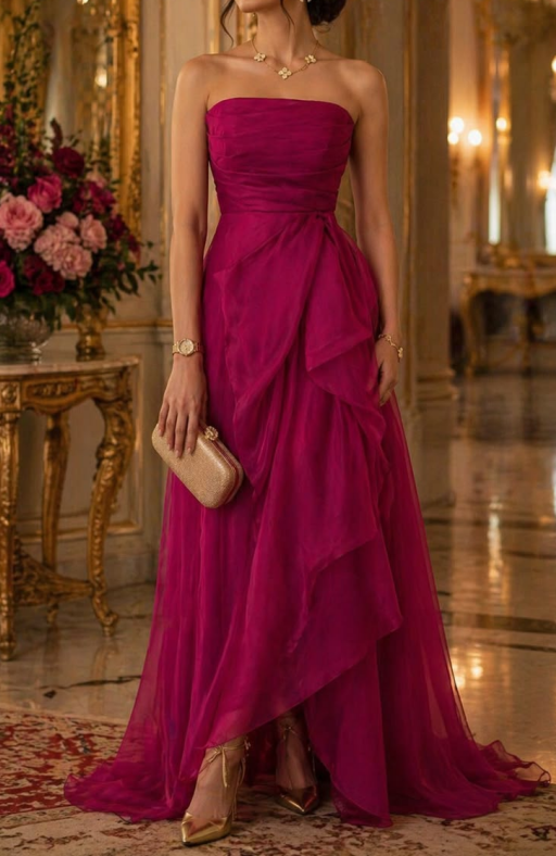Wunderschönes trägerloses, gerafftes Abendkleid aus Chiffon mit gestuften Rüschen und A-Linie in Fuchsia DP8367