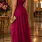 Wunderschönes trägerloses, gerafftes Abendkleid aus Chiffon mit gestuften Rüschen und A-Linie in Fuchsia DP8367