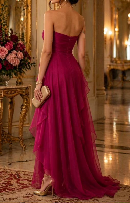 Wunderschönes trägerloses, gerafftes Abendkleid aus Chiffon mit gestuften Rüschen und A-Linie in Fuchsia DP8367