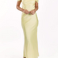 Elegant Pale Yellow Satin Off-the-Shoulder Spaghetti Strap Prom Dress DP8385
