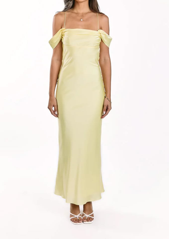 Elegant Pale Yellow Satin Off-the-Shoulder Spaghetti Strap Prom Dress DP8385
