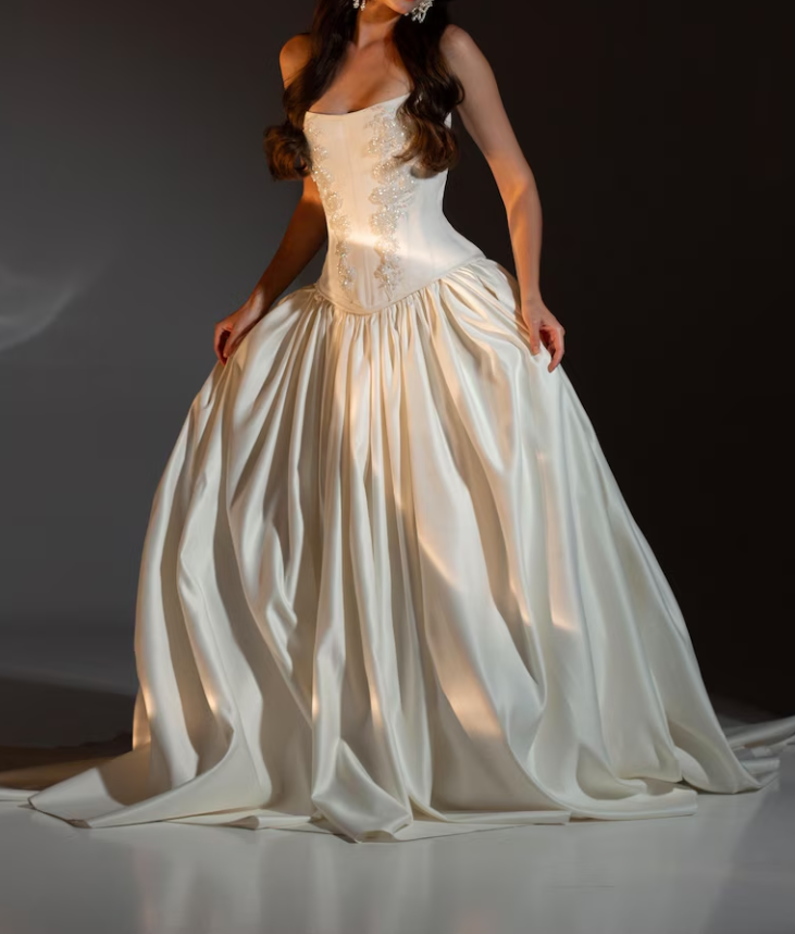 Luxury Beaded Satin Strapless A-Line Wedding Dress DP8393