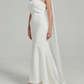 Elegant Cream Ivory Strapless Satin Mermaid Flowing Neck Bow Sash Wedding Dress DP8397