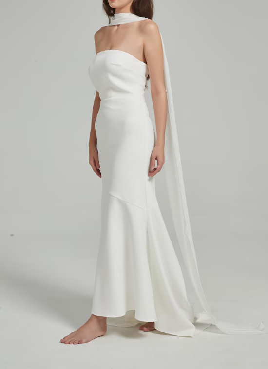 Elegant Cream Ivory Strapless Satin Mermaid Flowing Neck Bow Sash Wedding Dress DP8397