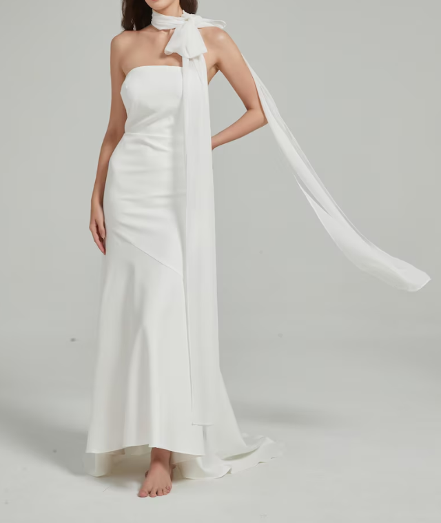 Elegant Cream Ivory Strapless Satin Mermaid Flowing Neck Bow Sash Wedding Dress DP8397