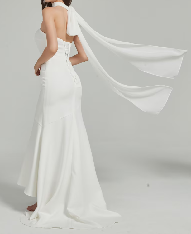 Elegant Cream Ivory Strapless Satin Mermaid Flowing Neck Bow Sash Wedding Dress DP8397