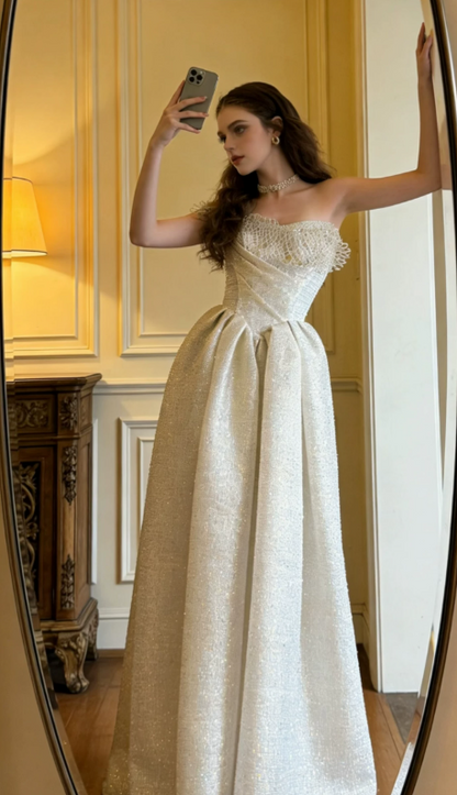 Elegant Glitter Strapless A-Line Lace Evening Gown DP8562
