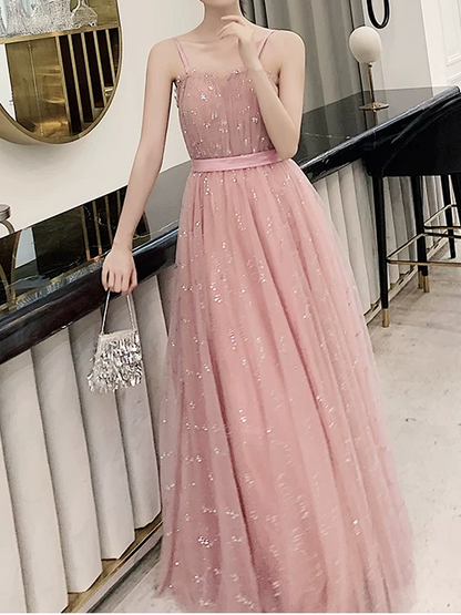 Elegant Pink Sparkle Tulle Spaghetti Straps A-Line Floor Length Evening Gown DP8563