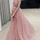 Elegant Pink Sparkle Tulle Spaghetti Straps A-Line Floor Length Evening Gown DP8563
