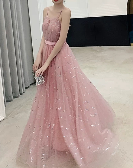 Elegant Pink Sparkle Tulle Spaghetti Straps A-Line Floor Length Evening Gown DP8563