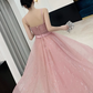 Elegant Pink Sparkle Tulle Spaghetti Straps A-Line Floor Length Evening Gown DP8563