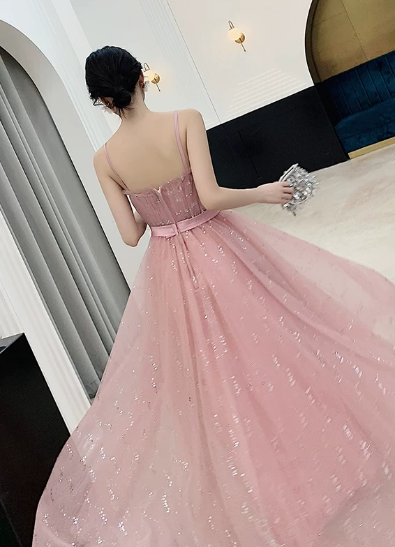 Elegant Pink Sparkle Tulle Spaghetti Straps A-Line Floor Length Evening Gown DP8563