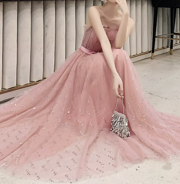 Elegant Pink Sparkle Tulle Spaghetti Straps A-Line Floor Length Evening Gown DP8563