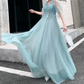 Elegant Mint Blue Beaded V-Neck Tulle Sheer Ruffle Sleeve Floor Length A-Line Evening Gown DP8564