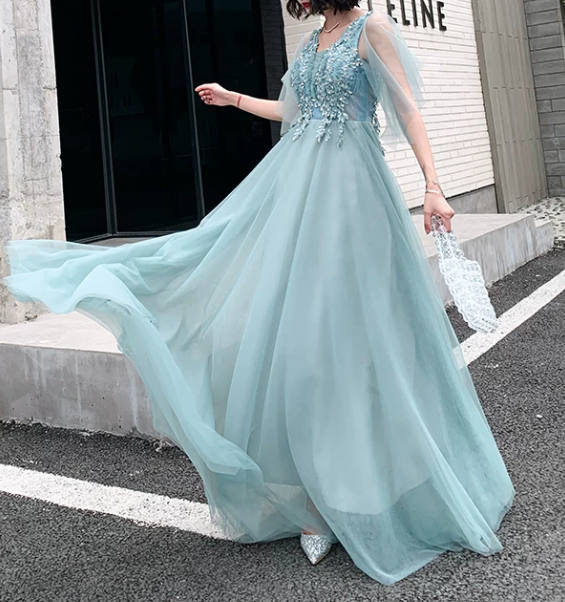 Elegant Mint Blue Beaded V-Neck Tulle Sheer Ruffle Sleeve Floor Length A-Line Evening Gown DP8564