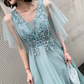 Elegant Mint Blue Beaded V-Neck Tulle Sheer Ruffle Sleeve Floor Length A-Line Evening Gown DP8564