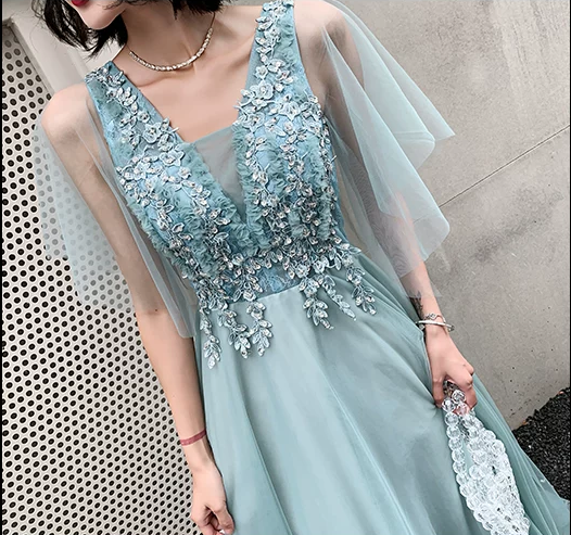 Elegant Mint Blue Beaded V-Neck Tulle Sheer Ruffle Sleeve Floor Length A-Line Evening Gown DP8564