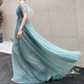 Elegant Mint Blue Beaded V-Neck Tulle Sheer Ruffle Sleeve Floor Length A-Line Evening Gown DP8564