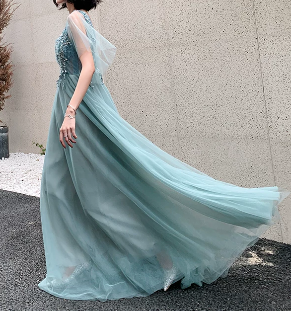 Elegant Mint Blue Beaded V-Neck Tulle Sheer Ruffle Sleeve Floor Length A-Line Evening Gown DP8564