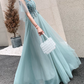 Elegant Mint Blue Beaded V-Neck Tulle Sheer Ruffle Sleeve Floor Length A-Line Evening Gown DP8564