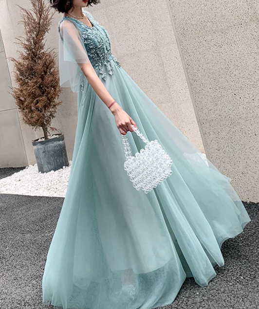 Elegant Mint Blue Beaded V-Neck Tulle Sheer Ruffle Sleeve Floor Length A-Line Evening Gown DP8564