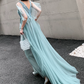Elegant Mint Blue Beaded V-Neck Tulle Sheer Ruffle Sleeve Floor Length A-Line Evening Gown DP8564