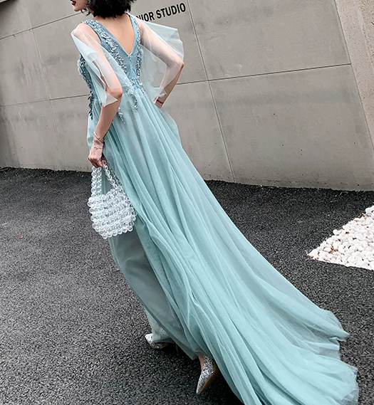 Elegant Mint Blue Beaded V-Neck Tulle Sheer Ruffle Sleeve Floor Length A-Line Evening Gown DP8564