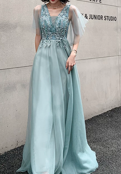 Elegant Mint Blue Beaded V-Neck Tulle Sheer Ruffle Sleeve Floor Length A-Line Evening Gown DP8564