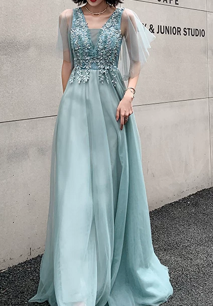 Elegant Mint Blue Beaded V-Neck Tulle Sheer Ruffle Sleeve Floor Length A-Line Evening Gown DP8564