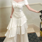Vintage Ivory Satin Off-the-Shoulder Ruched Tiered Ruffle A-Line Prom Dress DP8566