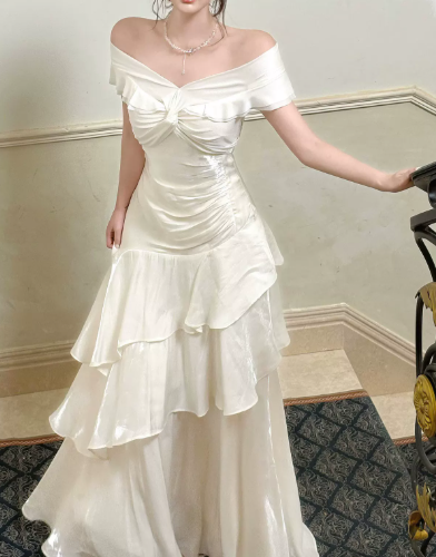 Vintage Ivory Satin Off-the-Shoulder Ruched Tiered Ruffle A-Line Prom Dress DP8566