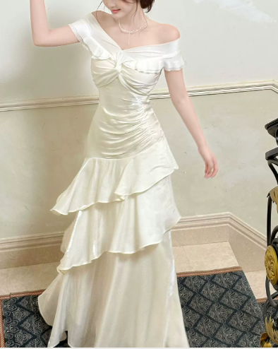 Vintage Ivory Satin Off-the-Shoulder Ruched Tiered Ruffle A-Line Prom Dress DP8566