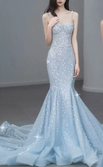 Vintage Light Blue Beaded Spaghetti Strap Mermaid Prom Dress DP8567