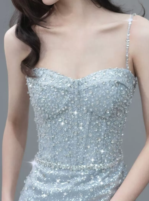 Vintage Light Blue Beaded Spaghetti Strap Mermaid Prom Dress DP8567